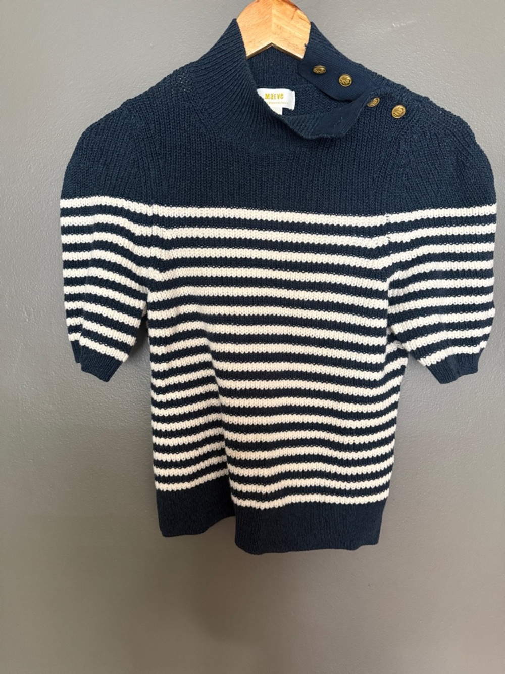 Striped Navy & White Knit Top with Button Shoulder